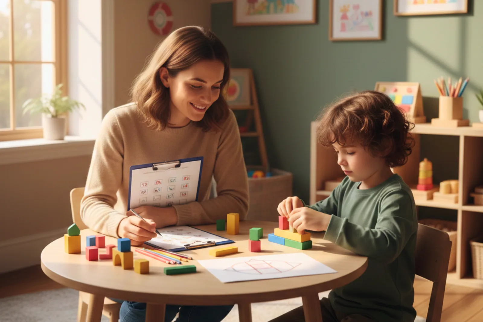 Neuropsicóloga aplicando atividade cognitiva durante avaliação infantil