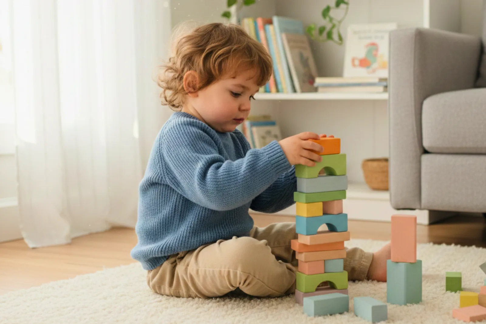 Criança brincando com blocos educativos em ambiente acolhedor