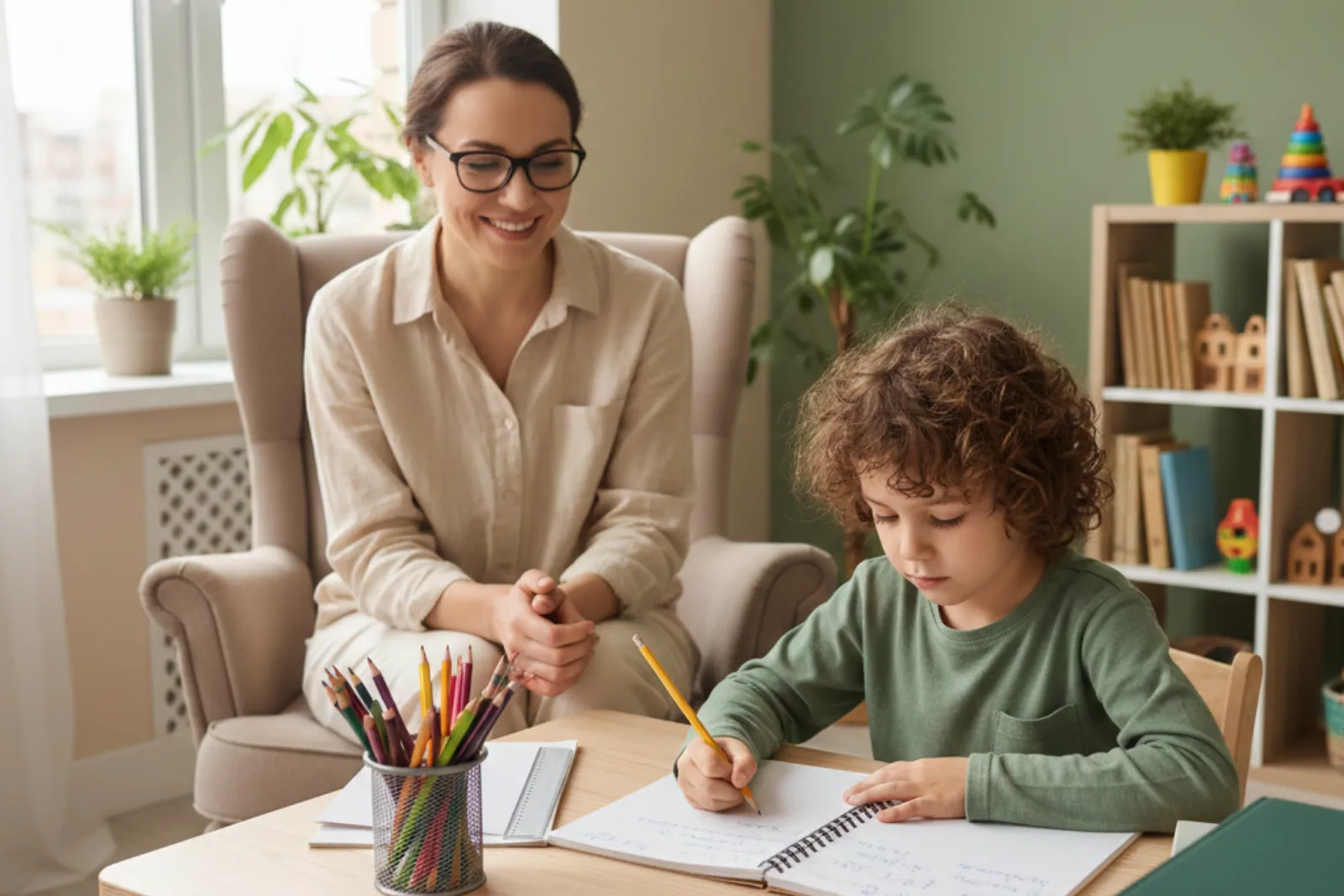 Criança realizando atividade escolar com acompanhamento profissional