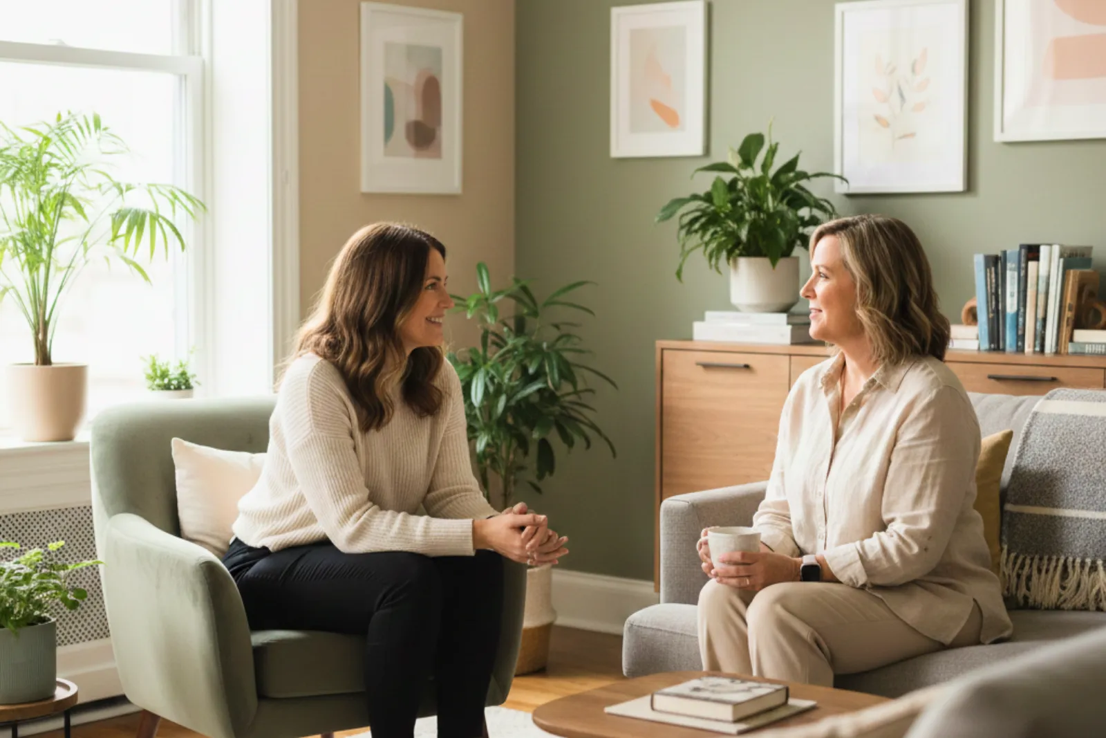 Conversa acolhedora entre mãe e neuropsicóloga em consultório