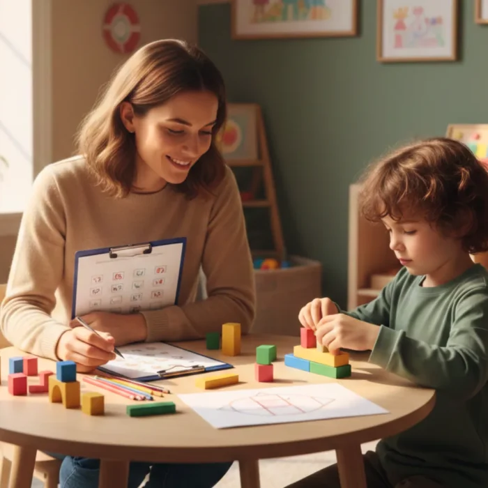 Neuropsicóloga aplicando atividade cognitiva durante avaliação infantil