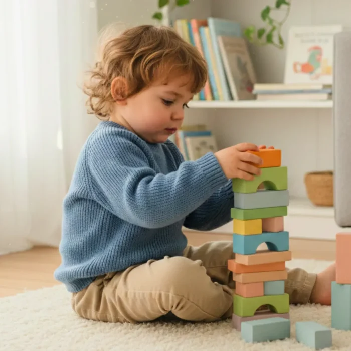 Criança brincando com blocos educativos em ambiente acolhedor