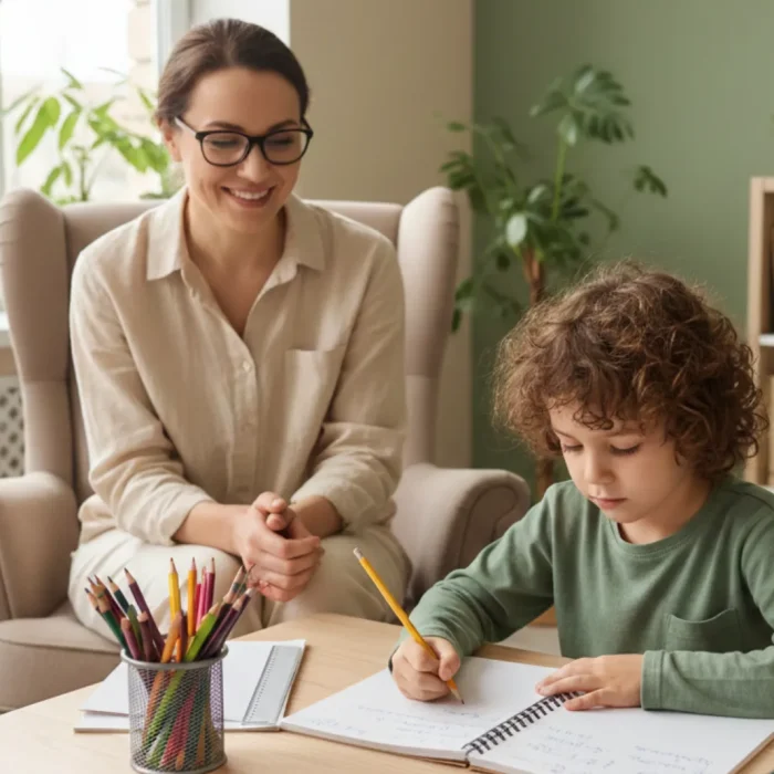 Criança realizando atividade escolar com acompanhamento profissional