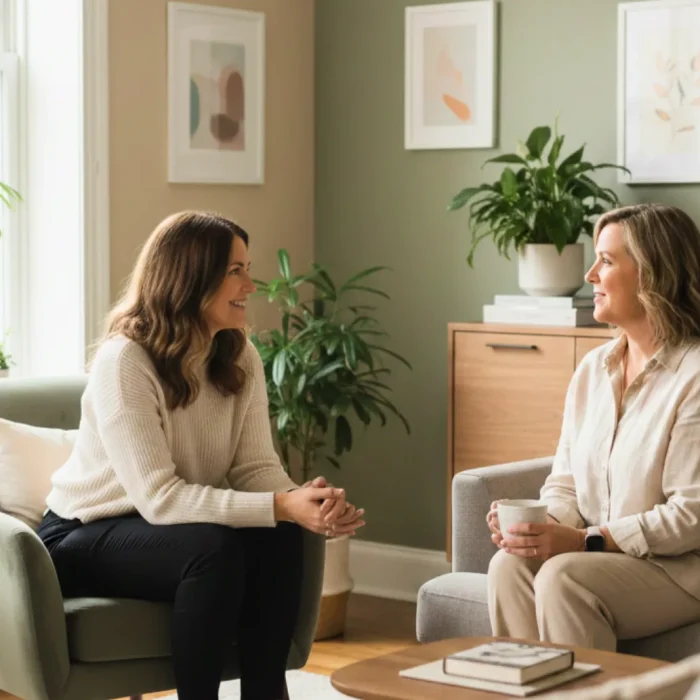 Conversa acolhedora entre mãe e neuropsicóloga em consultório